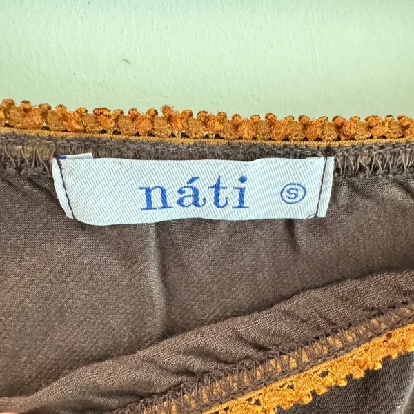 Nati Brown Satin Midi Skirt Lace Trim Waistband Size Small Chocolate Bias Cut - Image 3