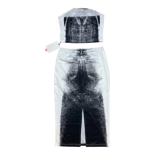 Cider | Black & White Tube Abstract Crop Top & Mid Rise Two-Piece Midi Skirt Set - Image 6
