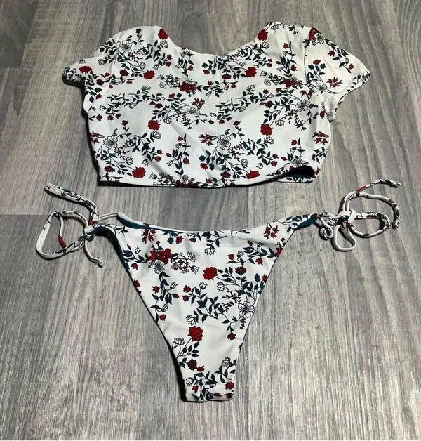 Zaful Teal Green White Floral Swim Suit Bikini Set; Medium - Image 12