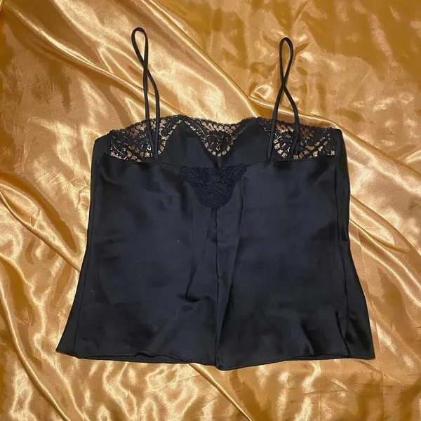 Vintage Black Satin Lace Trim Cami Top - Image 4