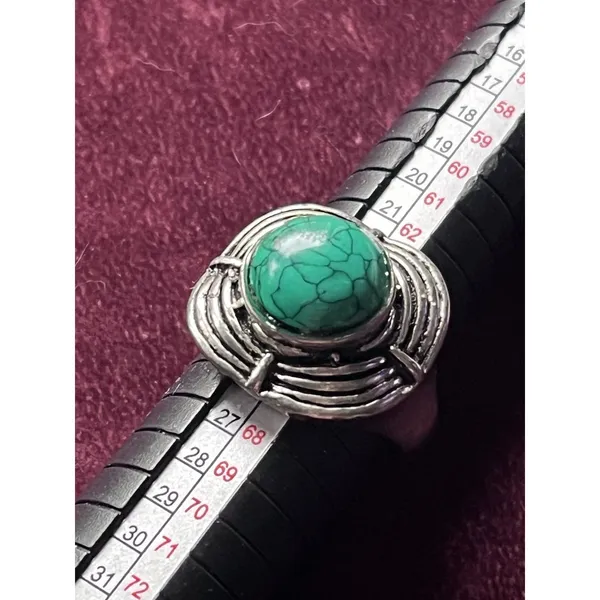 Size 11 Statement Faux Turquoise Ring - Modernist Silver-Tone Cage Design - Image 3