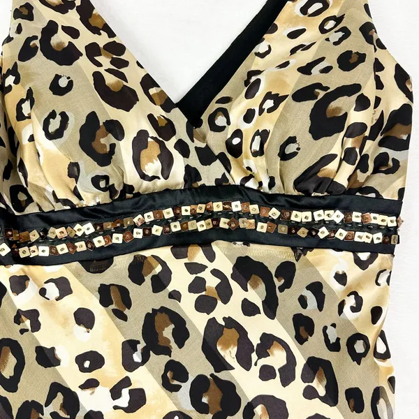 Vintage Cache Y2K 100% Silk Leopard Print Beaded Hankerchief Hem Tank Top Size 2 - Image 3
