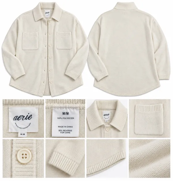 Aerie Cream Cozy Knit Shirt Jacket Button Front Women’s M - Image 2