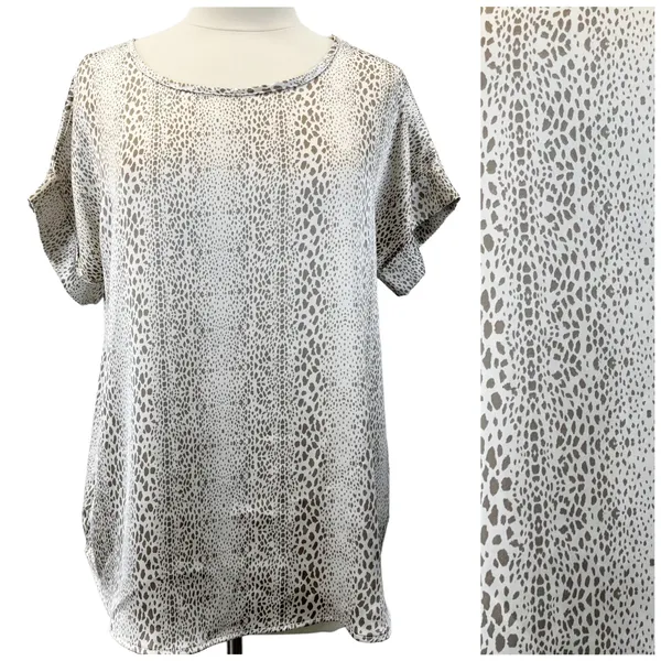 Entro Womens M Satiny Short Sleeve‎ Animal Print Top Shirt Taupe Cream Boho - Image 2