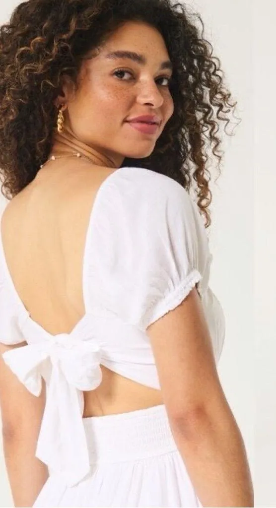 HOLLISTER Maxi Ruffled Puff Short Sleeve White Dress Sz M - Image 2
