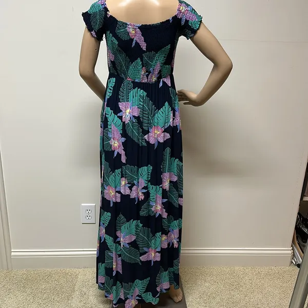 Lulus Smocked Navy Pink Green Floral Tropical Maxi Dress with Pockets size M - Image 8