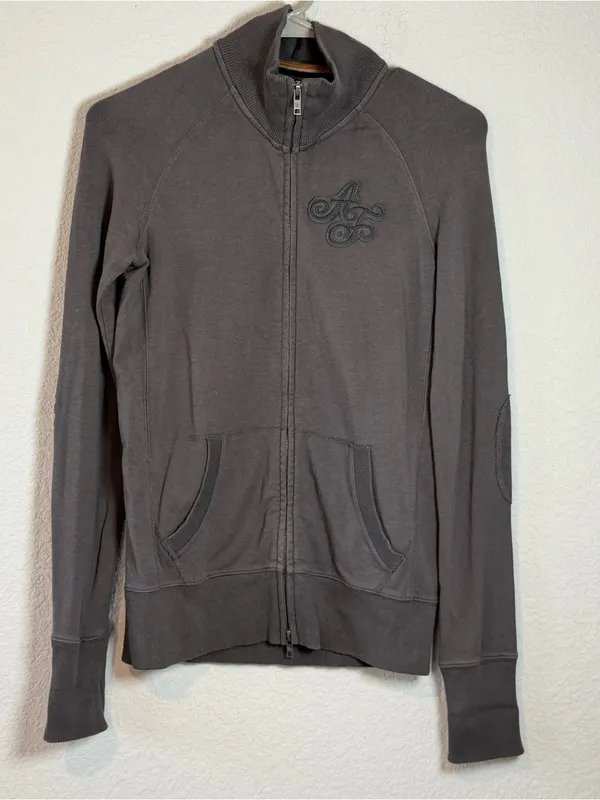 Y2K Abercrombie & Fitch Gray Full-Zip Hoodie Patchwork Embroidered - Image 2