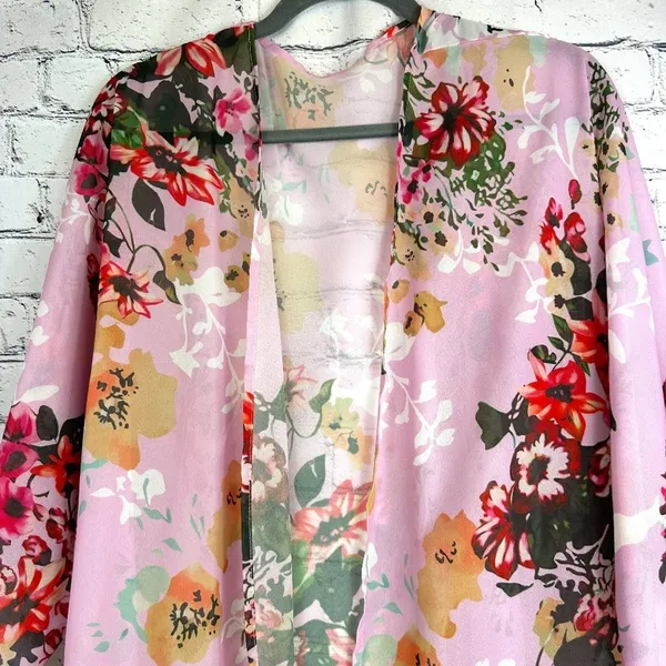 Women's Batwing Floral Chiffon Kimono Beachwear Cover Up Pink L - Image 7