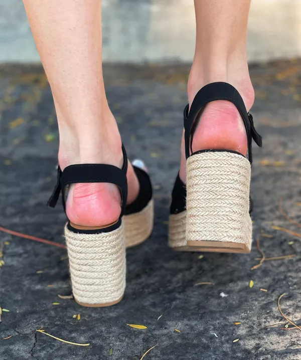 Black Espadrille Chunky Heel Wedge - Image 3