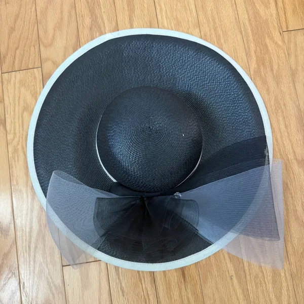 David M‎ Designer Luxury Old Money OS Black White Straw Hat Tulle Kentucky Derby - Image 5