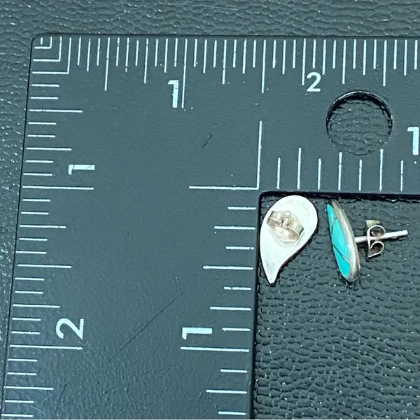 Sterling Silver Vintage STR.SII Turquoise Inlay Comma Teardrop Post Earrings - Image 9