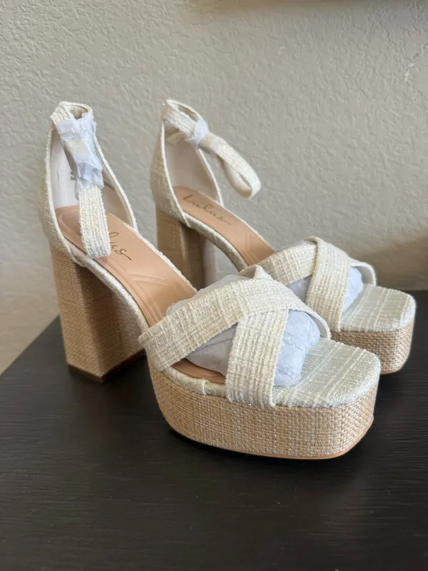 Lulus NWT - Capitolla White Tweed Platform Ankle Strap Sandals - Image 2