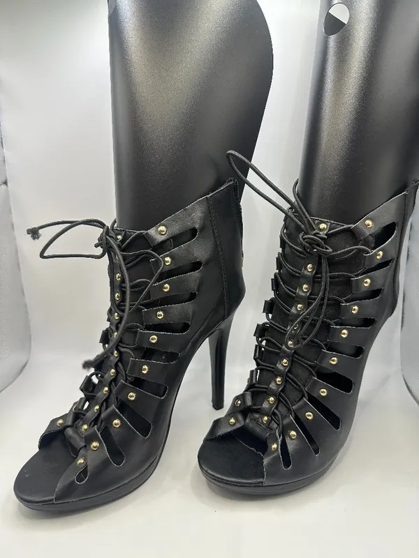 Black Studded Strappy Lace Up Stiletto Heel Ankle Booties Open Toe 6 Rocker Glam - Image 3