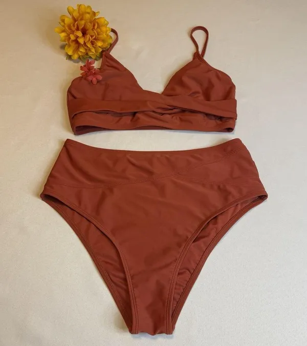 Cupshe Rust Solid Twist Top Spliced High Waist Bikini Set 2 Piece Swimwear Large - Image 3
