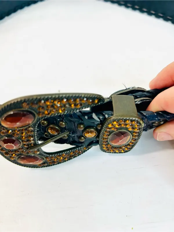 Western Rhinestone Whipstitch Belt with Orange Stones and Black Faux Leather - Image 8