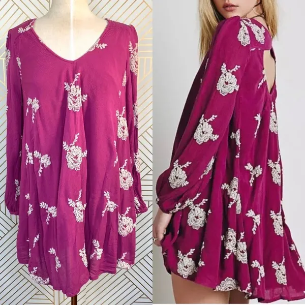 Free People Embroidered‎ Austin Mini Dress Purple - Image 2