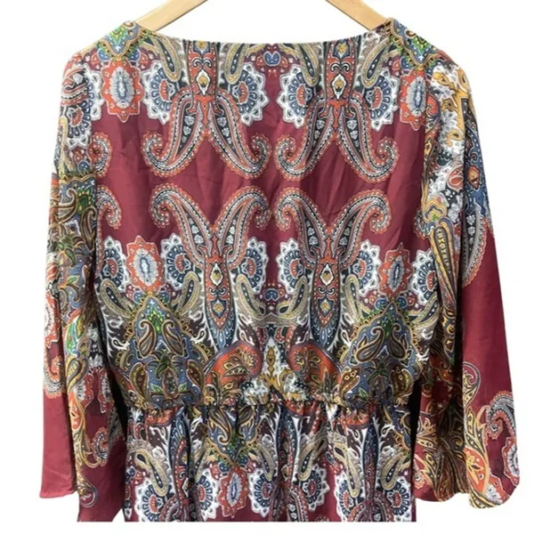 Signature Collection Paisley Maxi Dress M Burgundy Red Boho V-Neck Bell Sleeve - Image 6