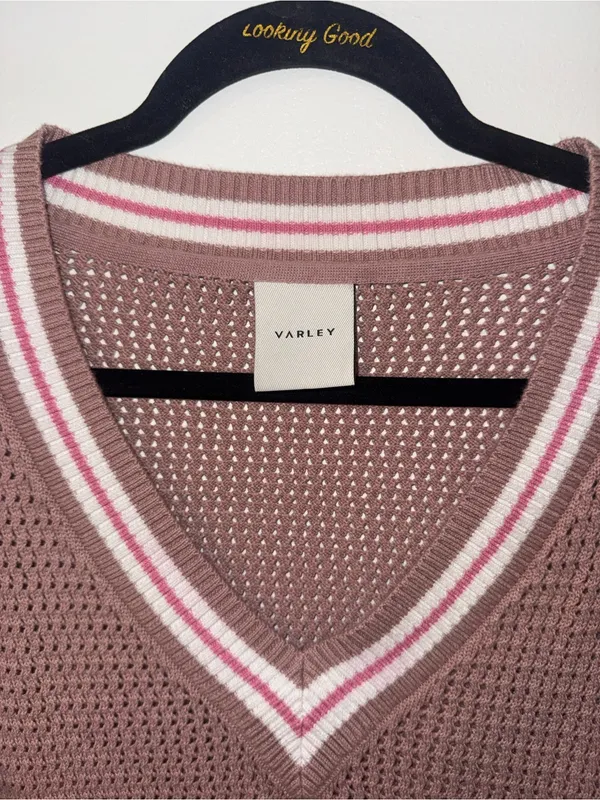 Varley Women’s V-Neck Knit Sweater Brown with Pink & White Detailing NWOT - Image 3