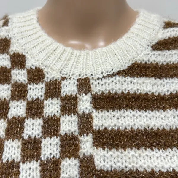 NWOT Blu Pepper Cream & Brown Checkerboard & Striped Sweater Sz S Puffed Sleeve - Image 2