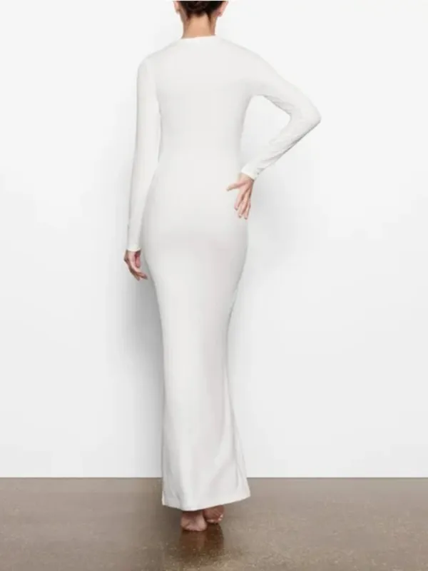 Skims Soft Lounge Long Sleeve Crew Neck Long Maxi Dress In Marble White Xl $200 - Image 3