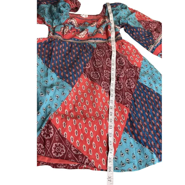 Merci Patchwork Square Neck Long Sleeve Mini Dress Blue Orange‎ M - Image 8