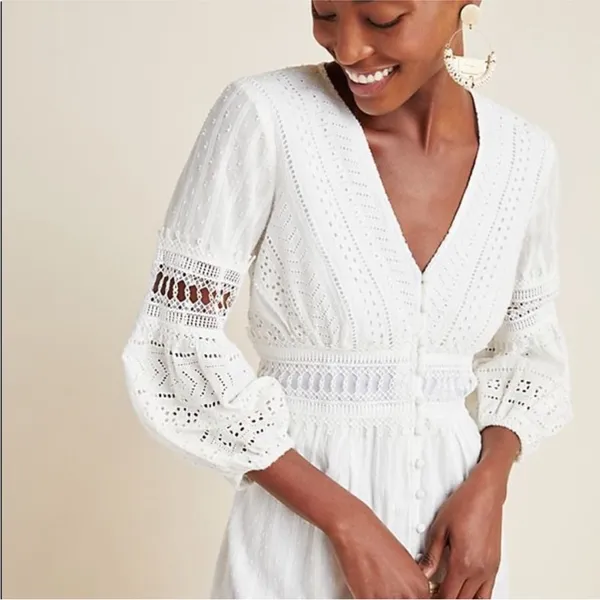 Anthropologie Ebba Midi White Eyelet Dress Size 4 - Image 4