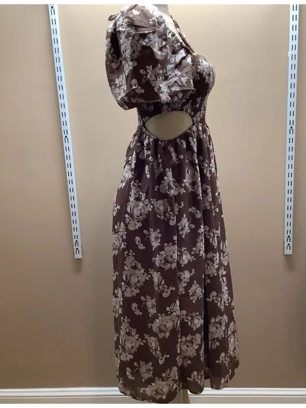 Hint Of Blush Size Medium Women’s Brown Floral Dress Puff Sleeve Open Back. New - Image 3