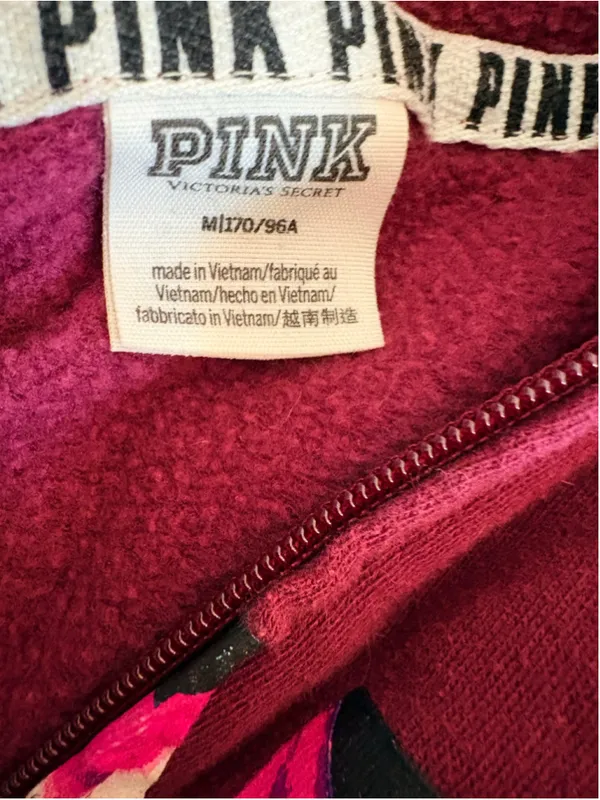 PINK Victoria's Secret Burgundy Floral Full-Zip Hoodie Women's Size M (19” PTP) - Image 3