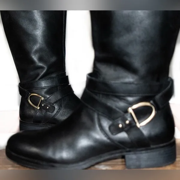 Bandolino Two-Tone Leather Riding Boots Black Brown Gold Buckle Size 6 - Image 14