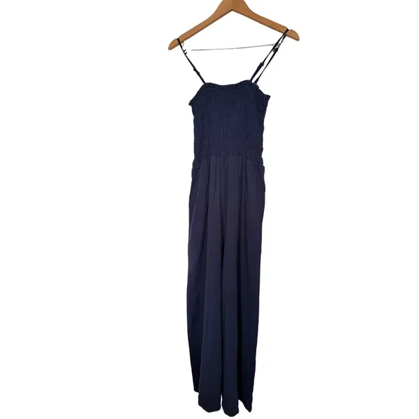 Dex Smocked Jumpsuit Size Medium Navy Linen Blend Adjustable Straps NEW Blue - Image 4