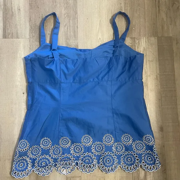 Ann Taylor Loft Top Womens Blue Blouse White Embroider Eyelet Circle Shirt Sz 10 - Image 12