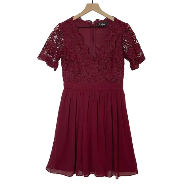 Lulus Angel in Disguise Lace Skater Dress Women's‎ Size Medium Burgundy V-Neck - Image 2