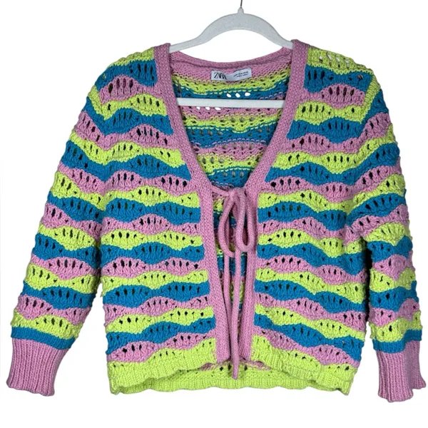 Zara Chunky Crochet Striped Front Tie Cardigan Retro Boxy Vibrant Y2K Sz M - Image 6