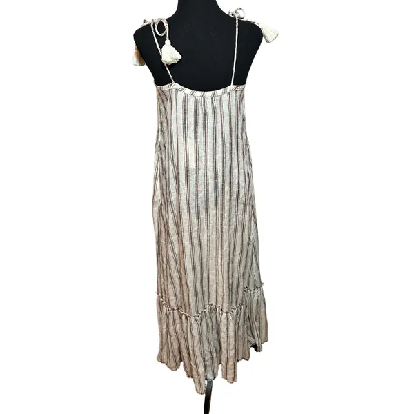 Tory Burch Striped Linen Maxi Dress Brown Cream Tassel Tie Straps 87512 Small - Image 4