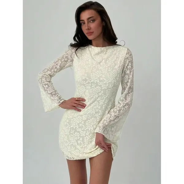 SHEIN Cream Lace Open Back Mini Dress Long Bell Sleeve Tie Back Large - Image 2