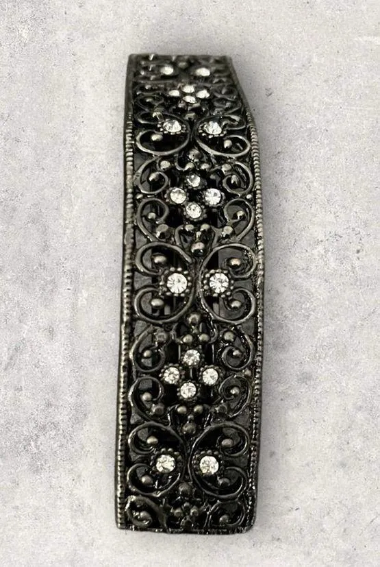 Vintage Ornate Silver Metal Rhinestones Large Hair Barrette Clip - Image 2