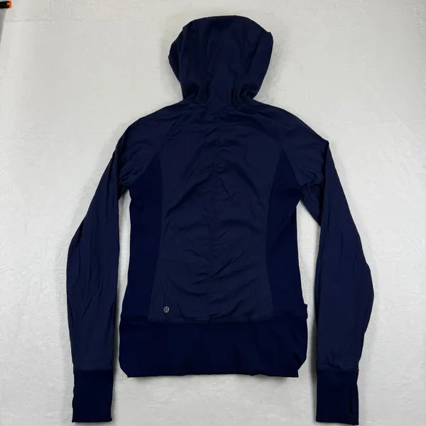 Lululemon Reversible Navy Blue Hooded‎ Zip Up Athletic Jacket Thumbholes Size 10 - Image 11