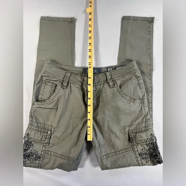 Miss Me • Olive Green Cargo Jeans Bead Embellished Cross Accent Size 26 - Image 13