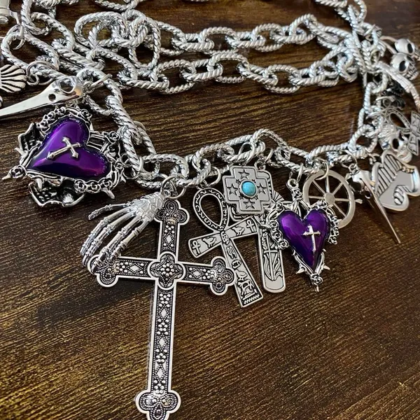 Silver Y2K Gothic Purple Heart Charm Chain Belt, Fits 14-40 Inches, X7GA1307 - Image 7