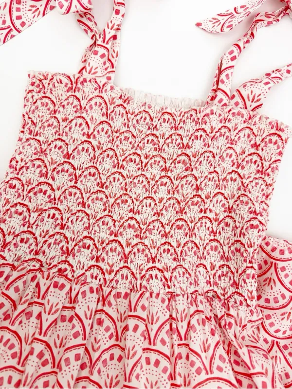 Mon Coco Lucy Convertible Smocked Tiered Maxi Midi Dress Red Vines Block Print - Image 6