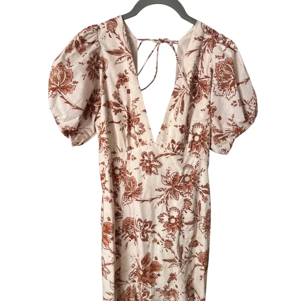 Abercrombie‎ & Fitch Floral Puff Sleeve Slim Poplin Midi Dress Cream Rust Medium - Image 4