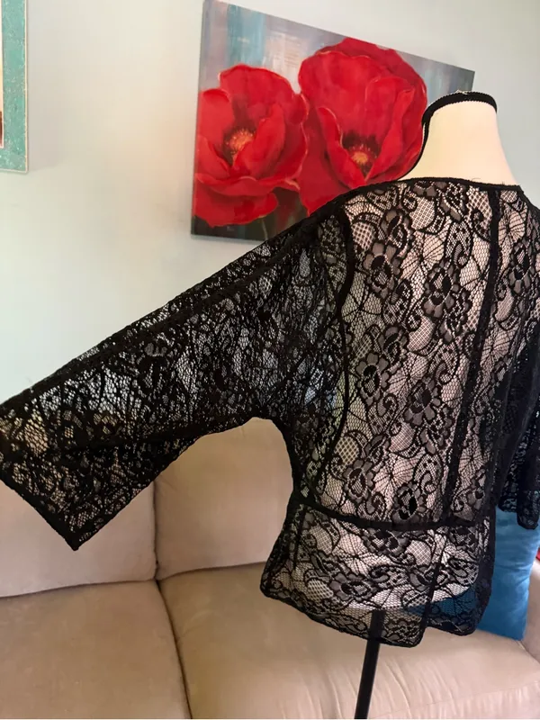 Source Unknown Cardigan Size large l Blouse Shirt Top lace Black tie front - Image 4