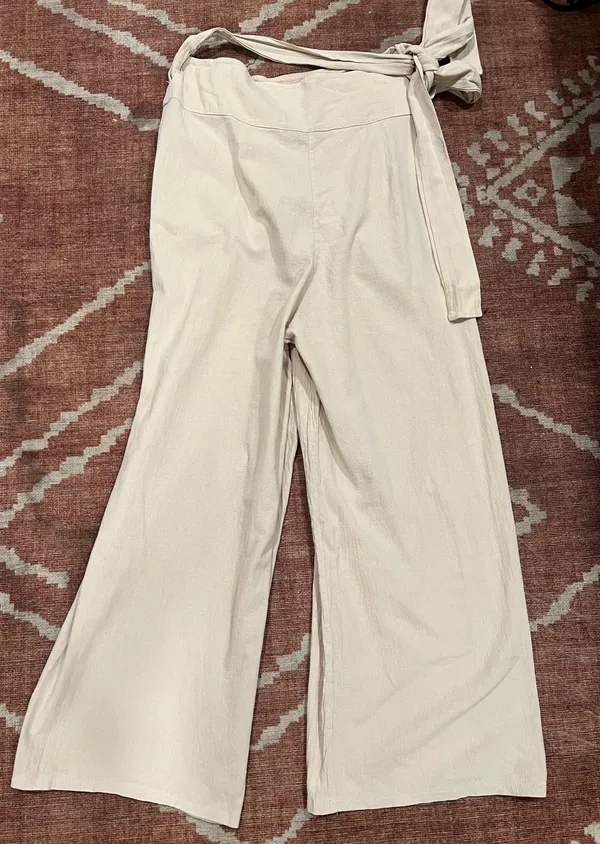Celmia Wrap Front Wide Leg Pants Beige Breathable Cotton Size Large - Image 4