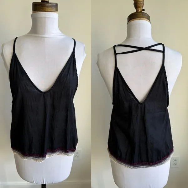 Free People Black Strappy Tank Top Crochet Accent Open Back - Image 2