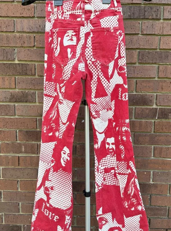 Edikted Andy Print Red White Face Novelty Print Flare Bell Bottom Jeans Size XS - Image 9