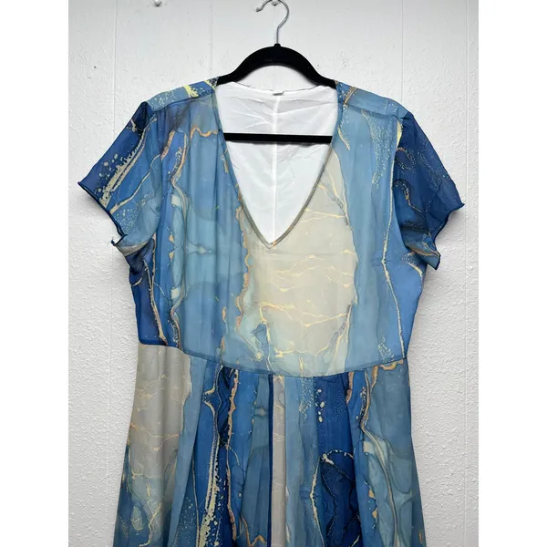 Women's Water Print Mesh Dress XL Wedding Guest Summer Party Cocktail Nautical - Image 3