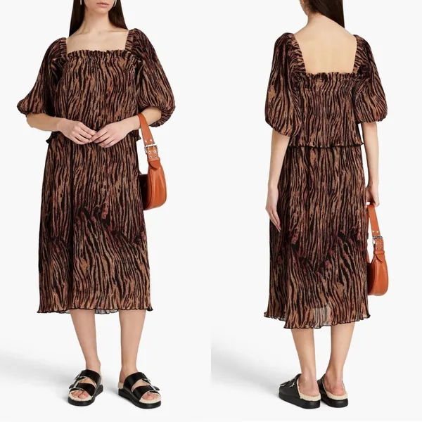 Ganni Layered Tiger-Print Plissé-Georgette Midi Dress Tiered Size 2 - Image 2