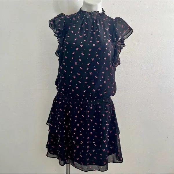 NEW ANTHROPOLOGIE Floral mini Dress MEDIUM Smocked-Neck Flutter-Sleeve Bohemian - Image 5