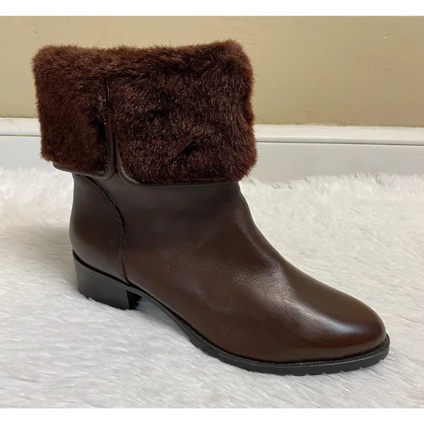 H By Halston Caroline Brown Leather Ankle Boot Faux Fur Size 7 - Image 10