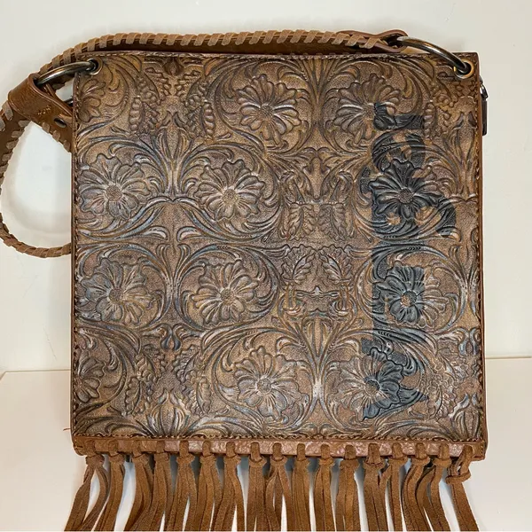 WRANGLER Floral Embossed Fringe Hobo Shoulder Bag Cowgirl PU Leather Brown - Image 3